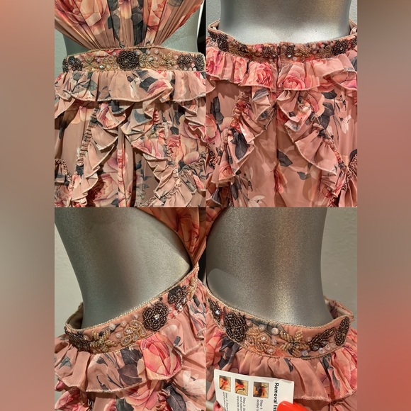 Mac Duggal RUFFLED CUT OUT CAP SLEEVE V NECK GOWN 9152 Rose Multicolor - Picture 12 of 17